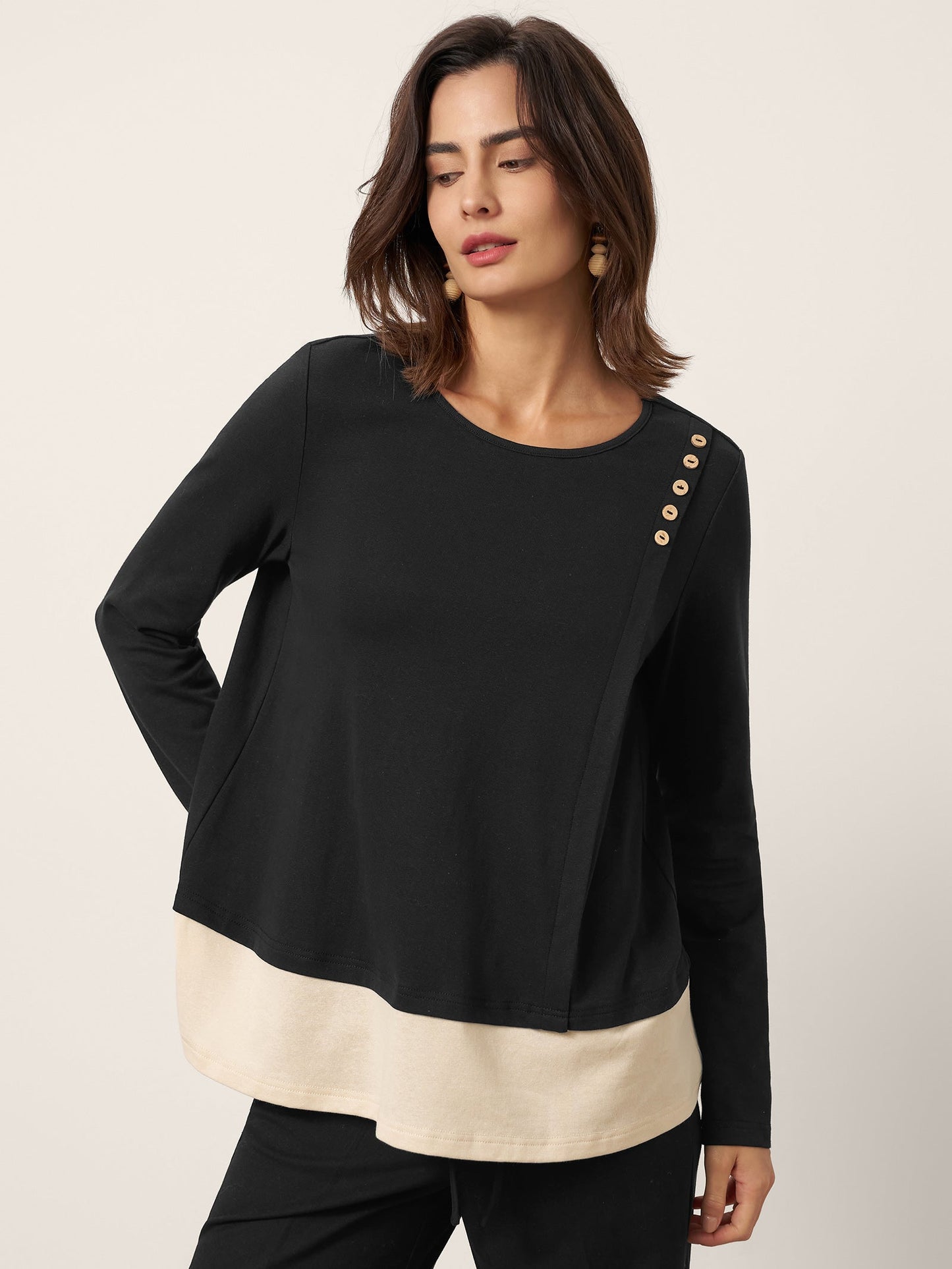 Harper | Women’s Cotton-Linen Contrast Panel Long Sleeve Shirt