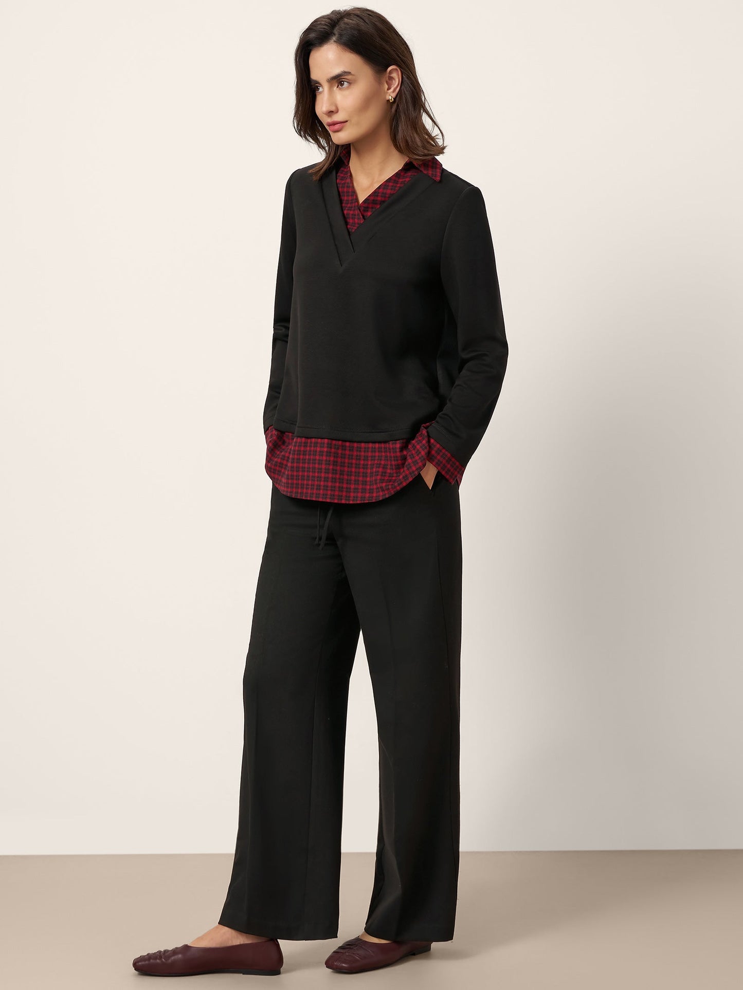Linden | Women’s Johnny Collar Long Sleeve Layered Hem Top