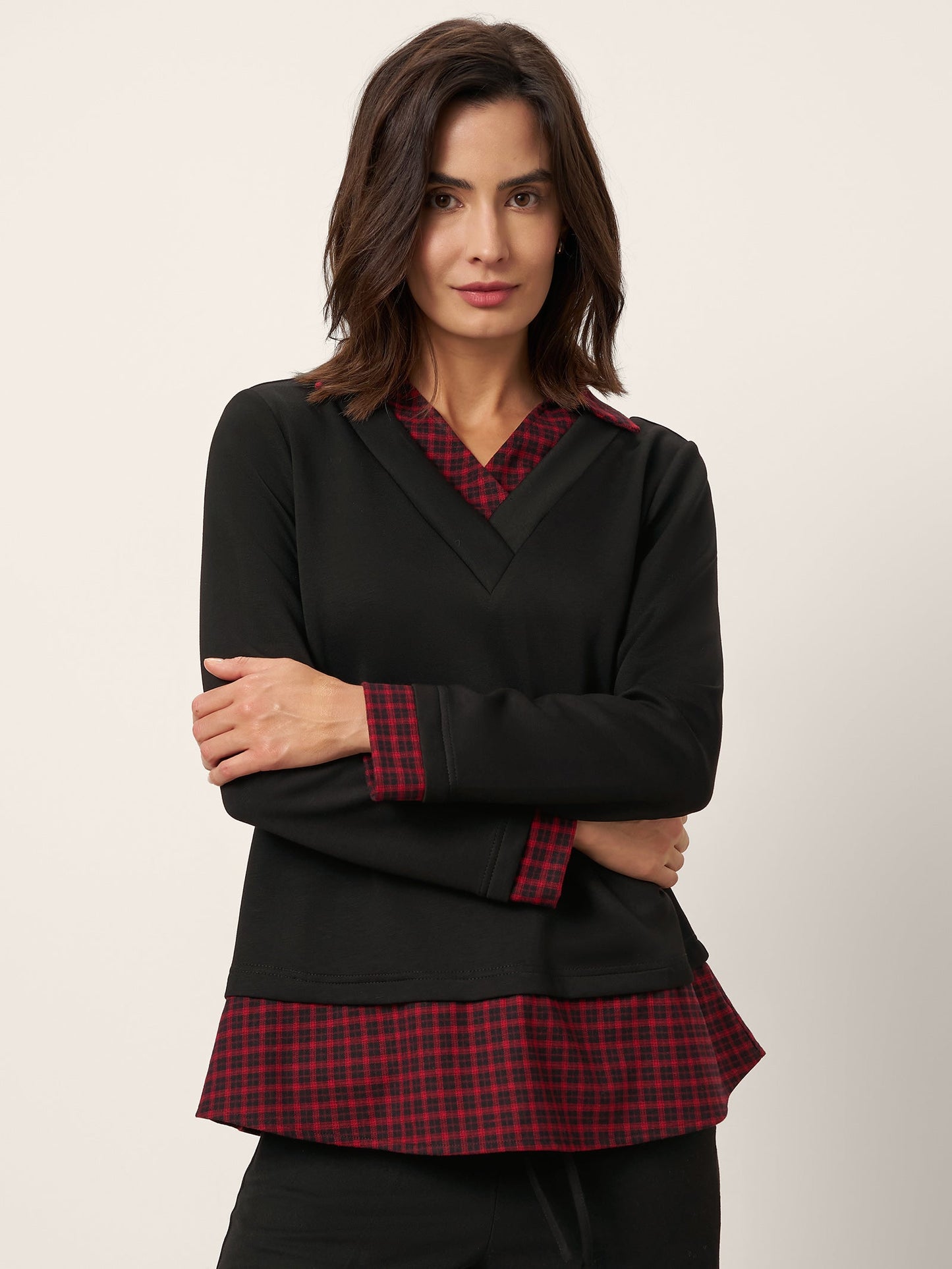 Linden | Women’s Johnny Collar Long Sleeve Layered Hem Top
