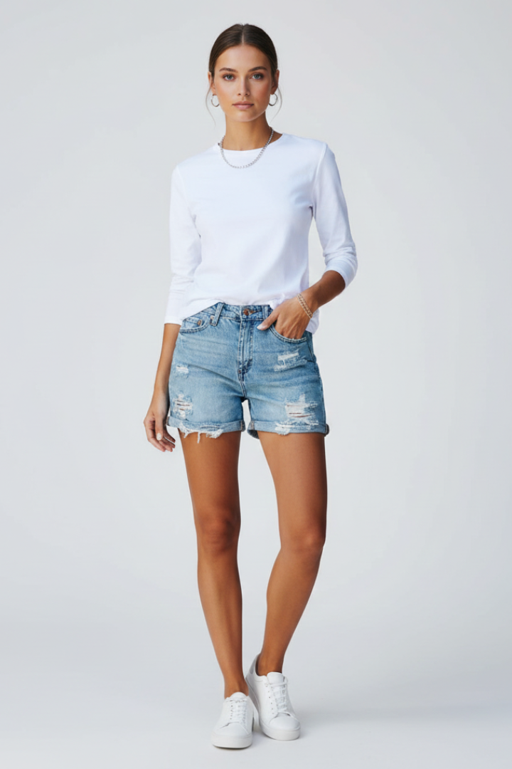 Hensley | Women’s Distressed Frayed Hem Denim Shorts