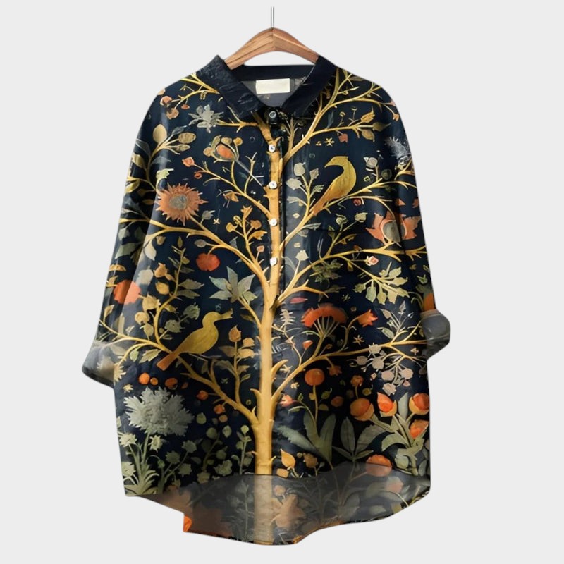 Aurelia | Women’s Artistic Crane Print Button Up Blouse