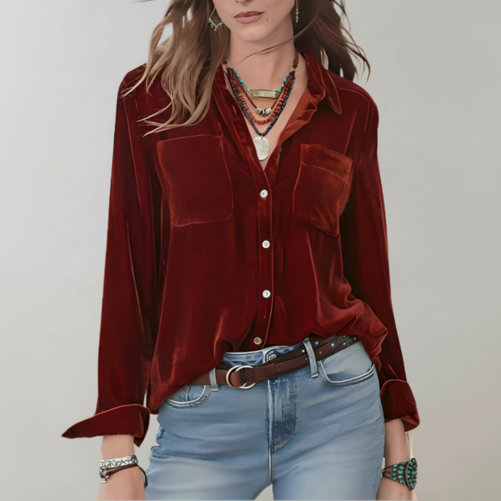 Veronica | Women’s Velvet Button-Up Blouse with Chest Pockets