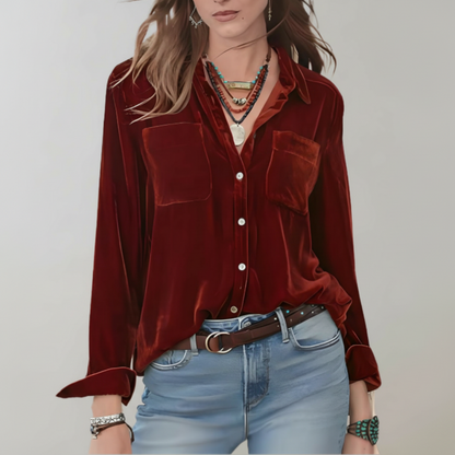 Veronica | Women’s Velvet Button-Up Blouse with Chest Pockets