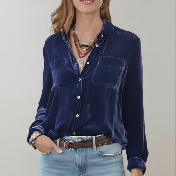 Veronica | Women’s Velvet Button-Up Blouse with Chest Pockets