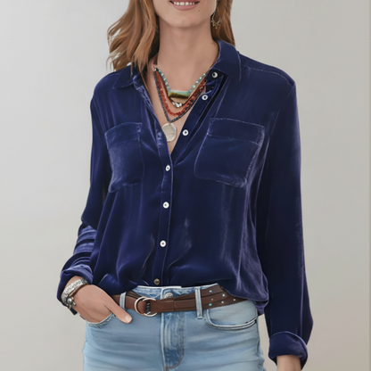 Veronica | Women’s Velvet Button-Up Blouse with Chest Pockets
