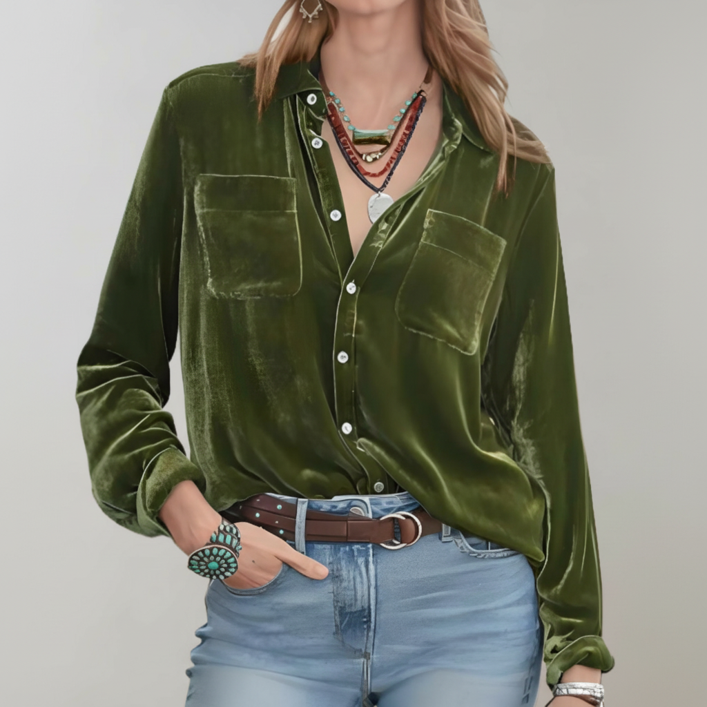 Veronica | Women’s Velvet Button-Up Blouse with Chest Pockets