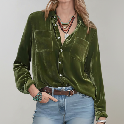 Veronica | Women’s Velvet Button-Up Blouse with Chest Pockets