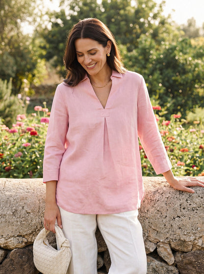 Marcelline | Women’s Linen Layered V-Neck Pleated Blouse