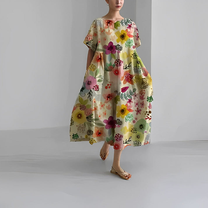 Marigold | Women’s Relaxed Style Flower Midi Dress with Loose Flowy Fit