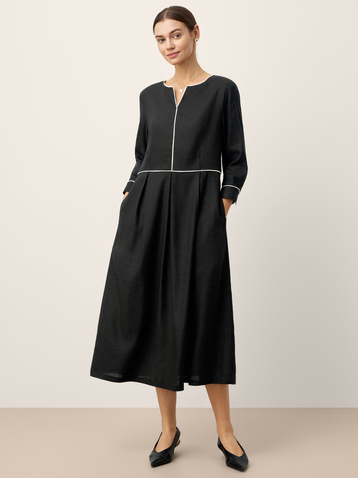 Sienna | Women’s Linen-Lyocell Contrast Trim Gathered Maxi Dress