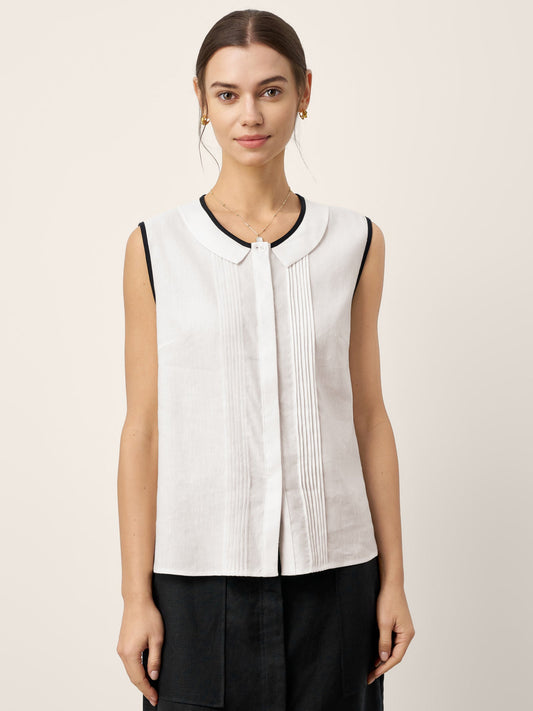 Noelle | Women’s Linen-Lyocell Contrast Trim Pleated Sleeveless Top