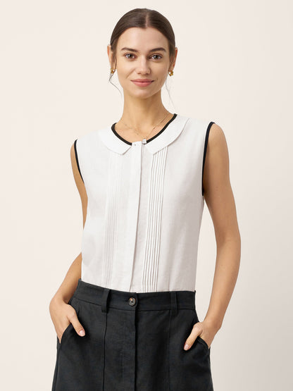 Noelle | Women’s Linen-Lyocell Contrast Trim Pleated Sleeveless Top