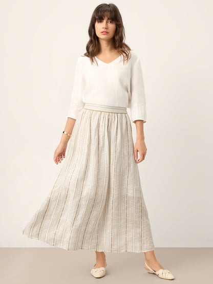 Teagan | Women’s Linen Striped Trim A-Line Boho Skirt With Lining