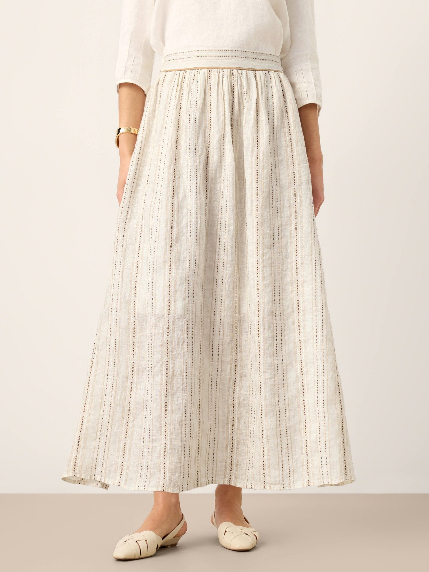 Teagan | Women’s Linen Striped Trim A-Line Boho Skirt With Lining