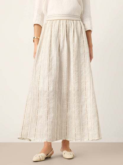 Teagan | Women’s Linen Striped Trim A-Line Boho Skirt With Lining