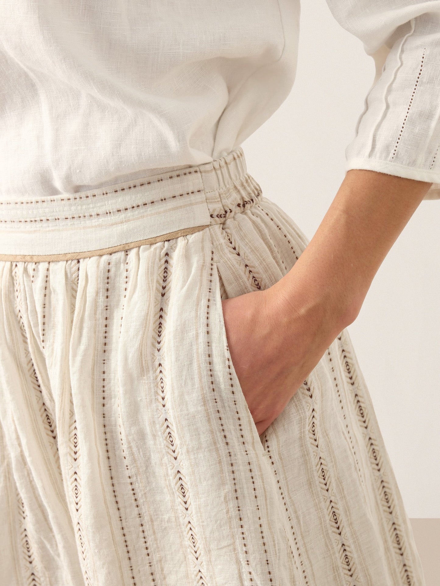 Teagan | Women’s Linen Striped Trim A-Line Boho Skirt With Lining