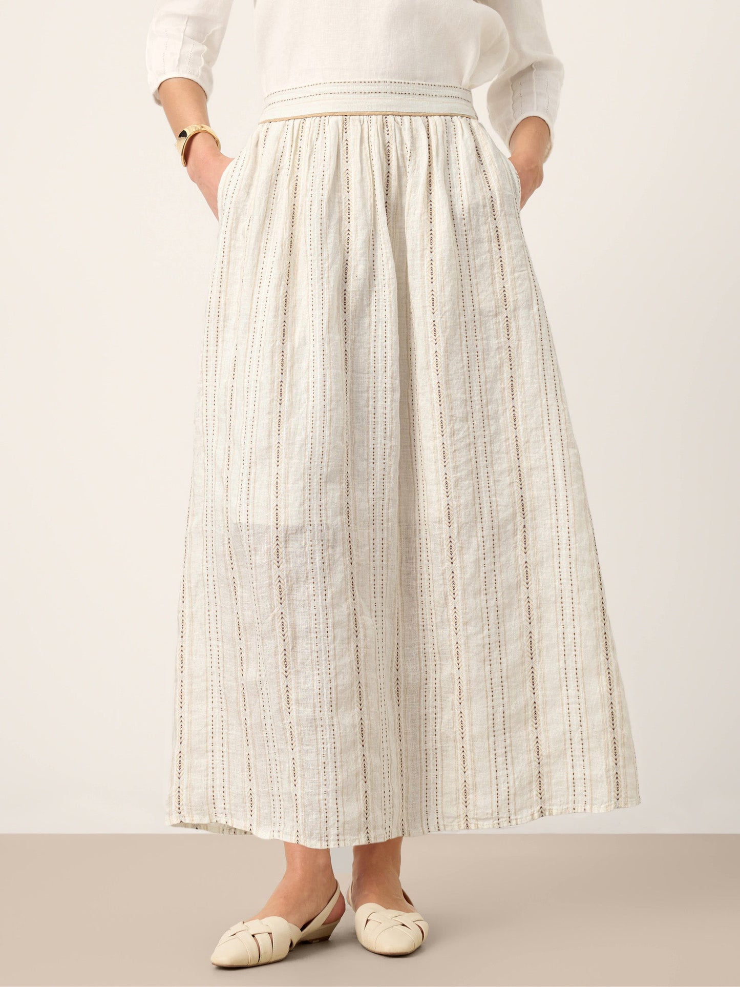 Teagan | Women’s Linen Striped Trim A-Line Boho Skirt With Lining