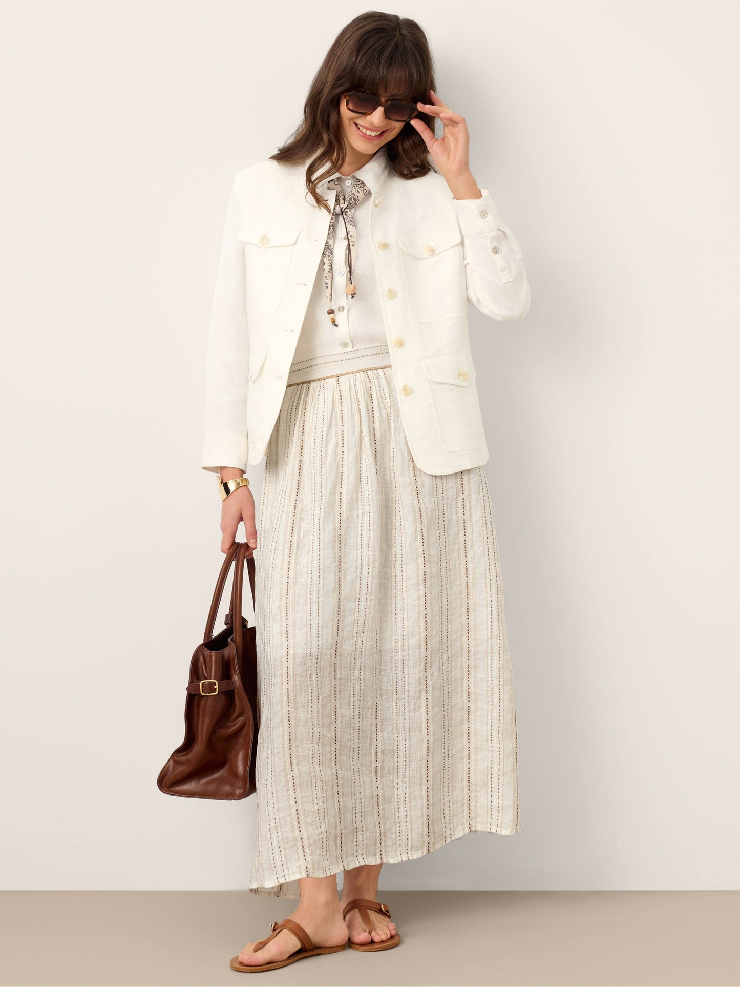 Teagan | Women’s Linen Striped Trim A-Line Boho Skirt With Lining
