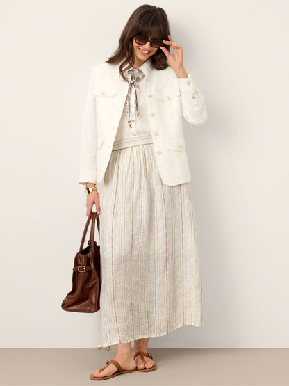 Teagan | Women’s Linen Striped Trim A-Line Boho Skirt With Lining