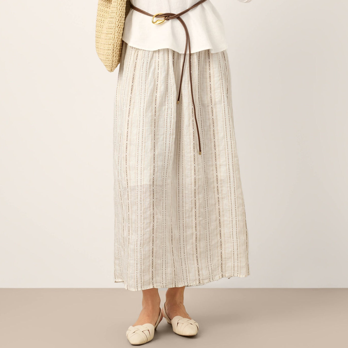 Teagan | Women’s Linen Striped Trim A-Line Boho Skirt With Lining