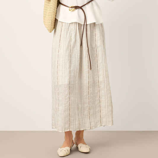 Teagan | Women’s Linen Striped Trim A-Line Boho Skirt With Lining
