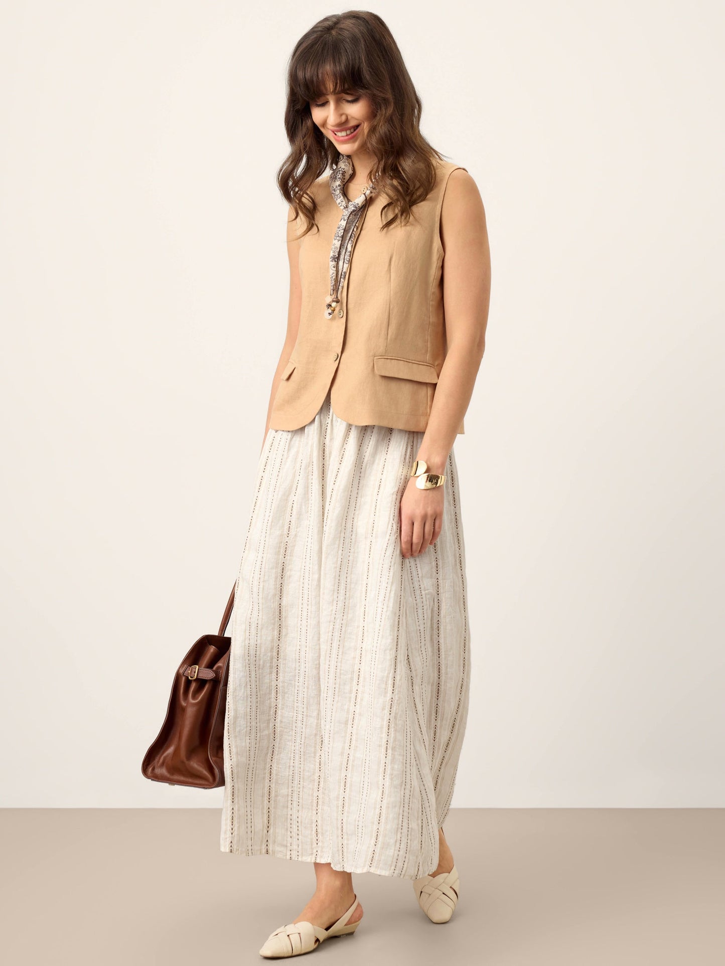 Teagan | Women’s Linen Striped Trim A-Line Boho Skirt With Lining