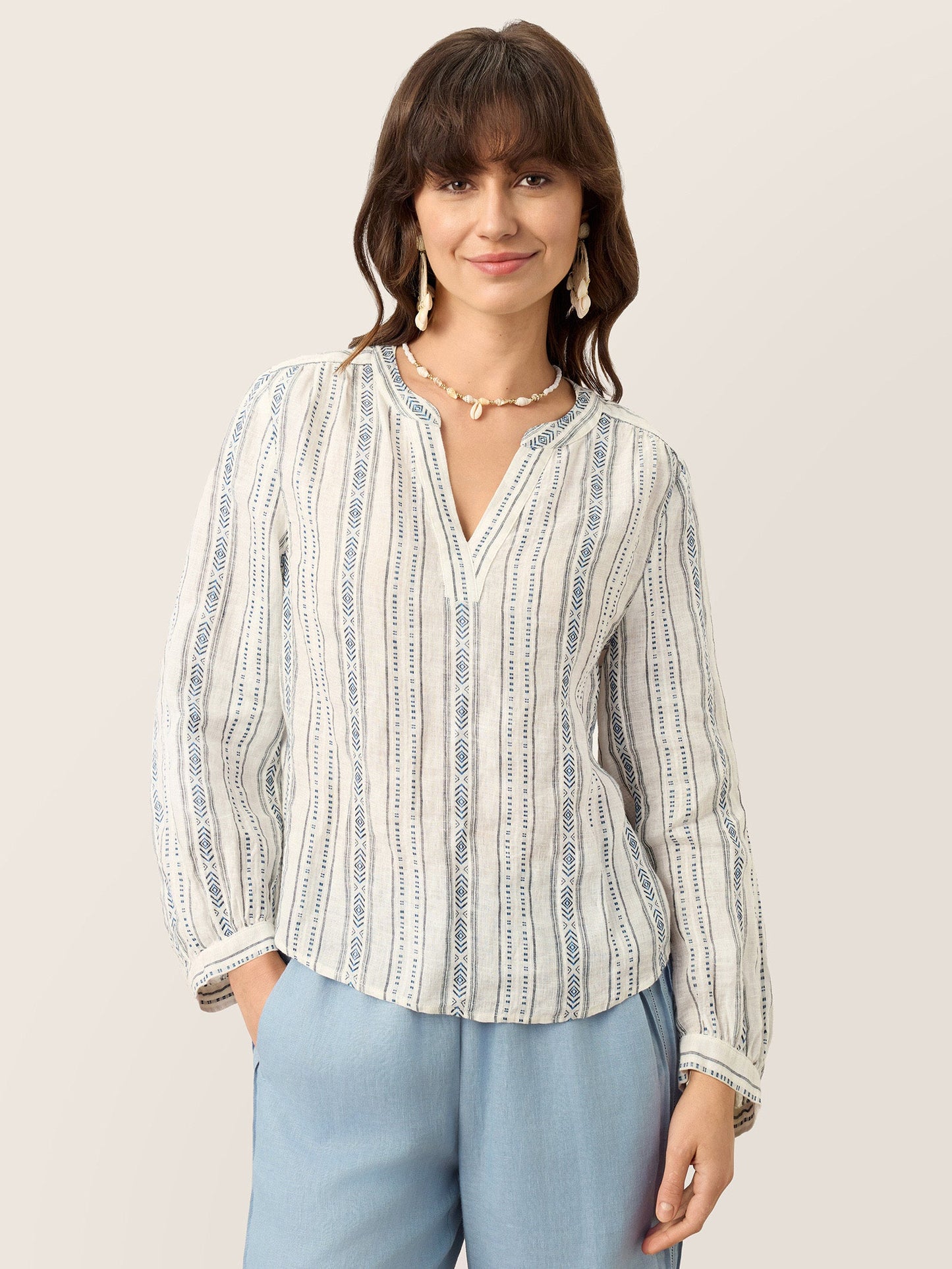 Harlow | Women’s Linen Tribal Stripe Split Neck Boho Blouse