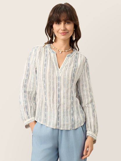 Harlow | Women’s Linen Tribal Stripe Split Neck Boho Blouse