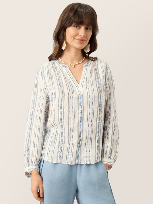 Harlow | Women’s Linen Tribal Stripe Split Neck Boho Blouse