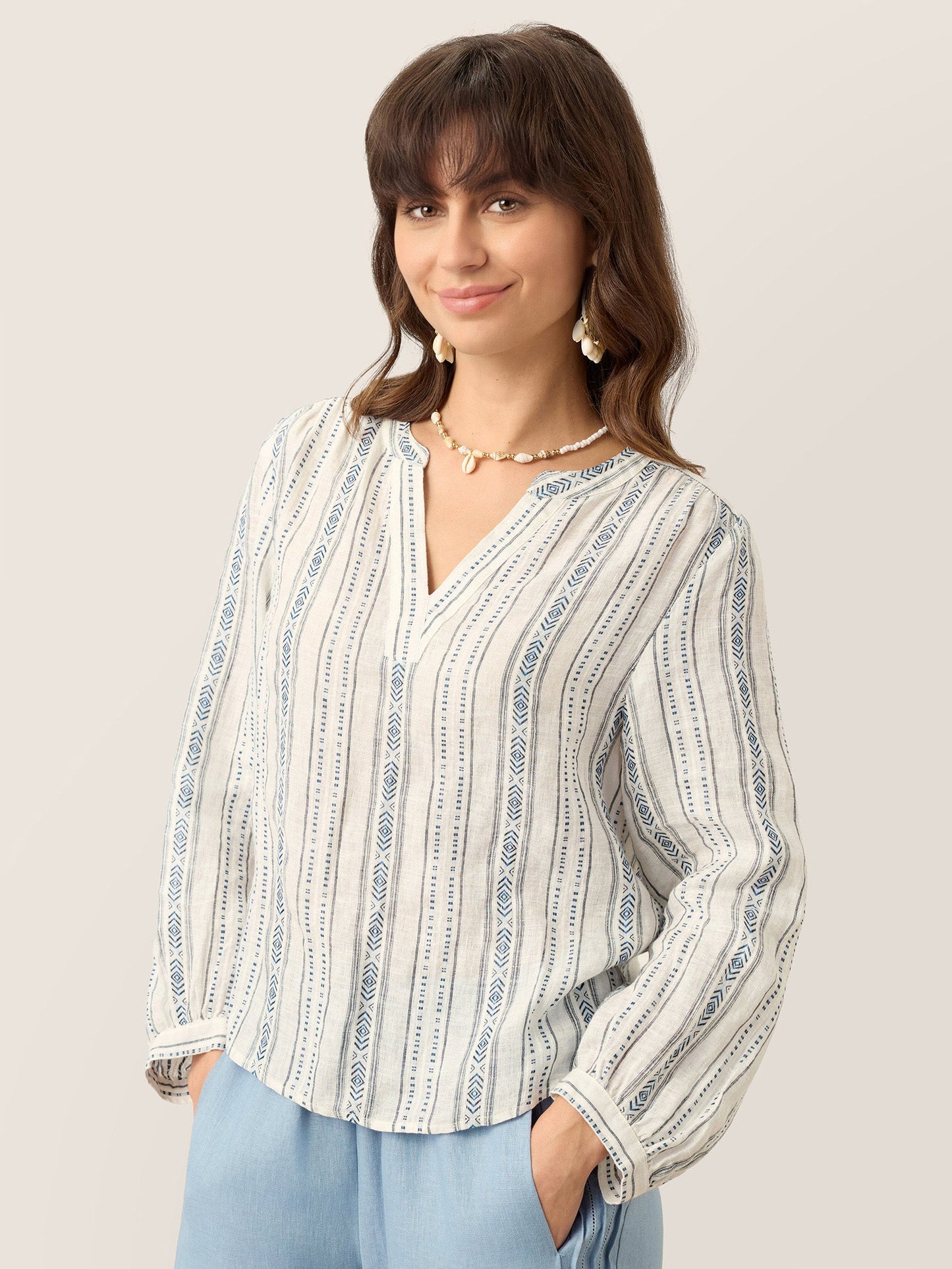 Harlow | Women’s Linen Tribal Stripe Split Neck Boho Blouse