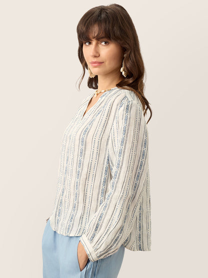 Harlow | Women’s Linen Tribal Stripe Split Neck Boho Blouse