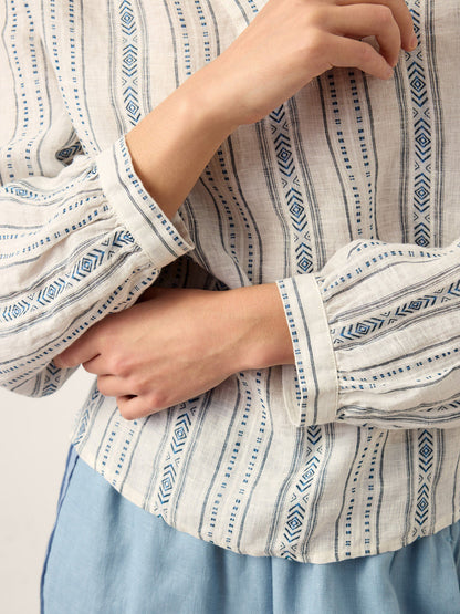 Harlow | Women’s Linen Tribal Stripe Split Neck Boho Blouse