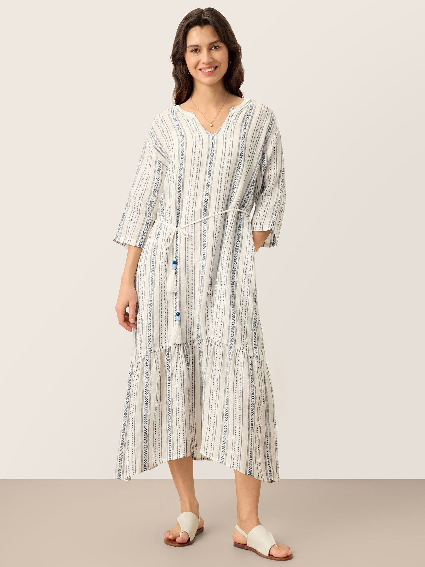 Delaney | Women’s Linen Split Neck Ruffle Boho Maxi Dress