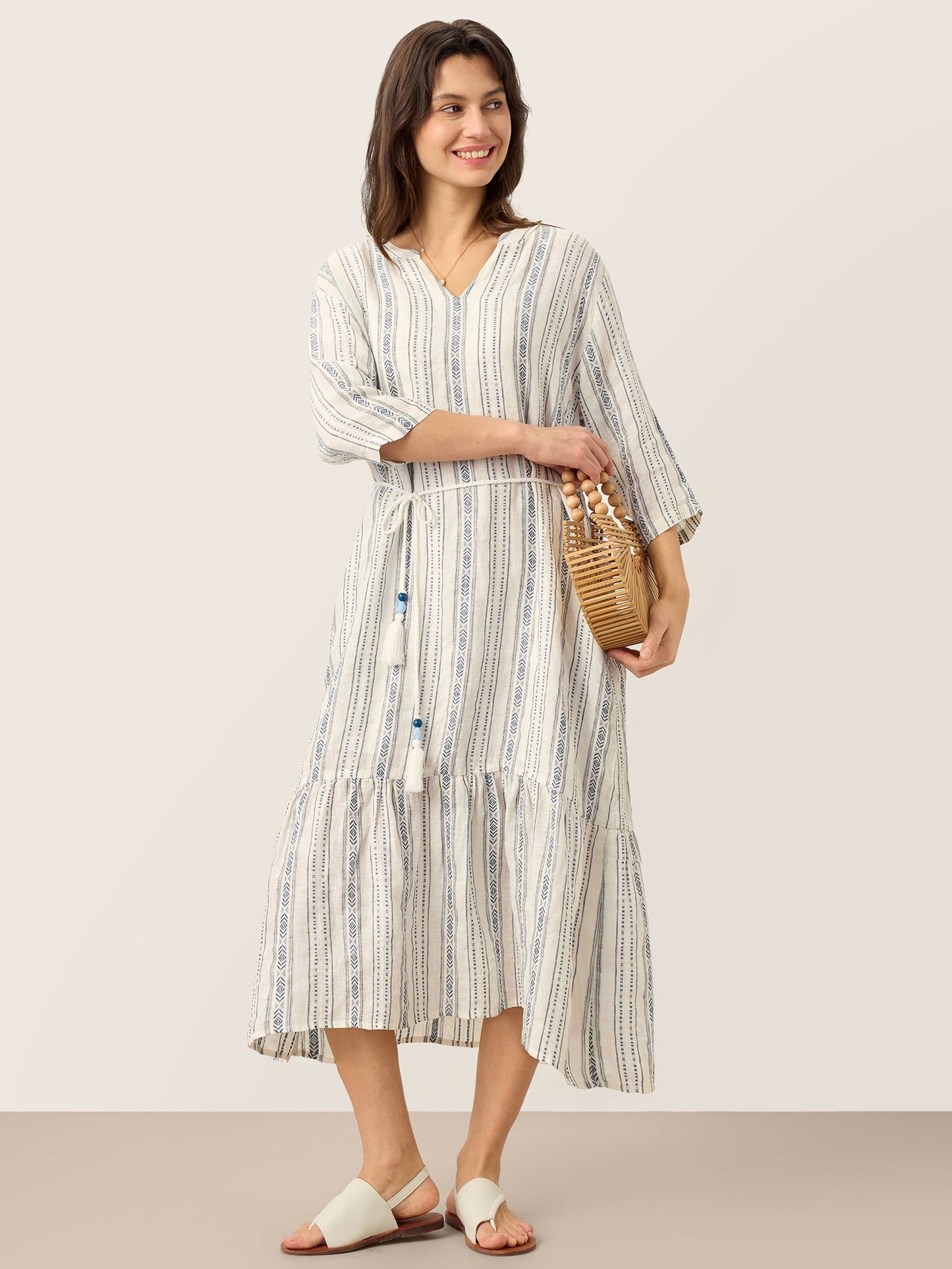 Delaney | Women’s Linen Split Neck Ruffle Boho Maxi Dress