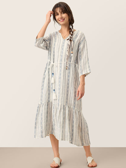Delaney | Women’s Linen Split Neck Ruffle Boho Maxi Dress