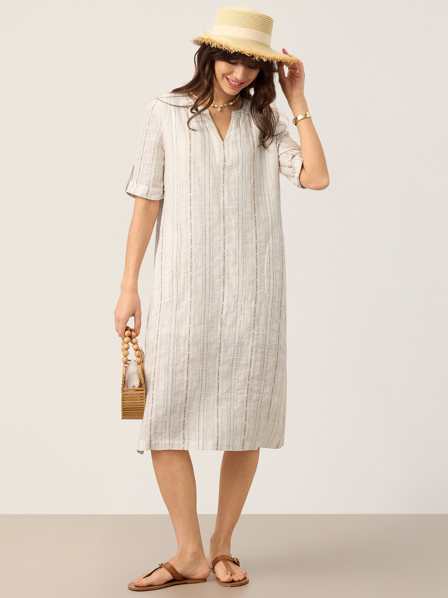 Mackenzie | Women’s Linen Striped Neck Boho Midi Dress
