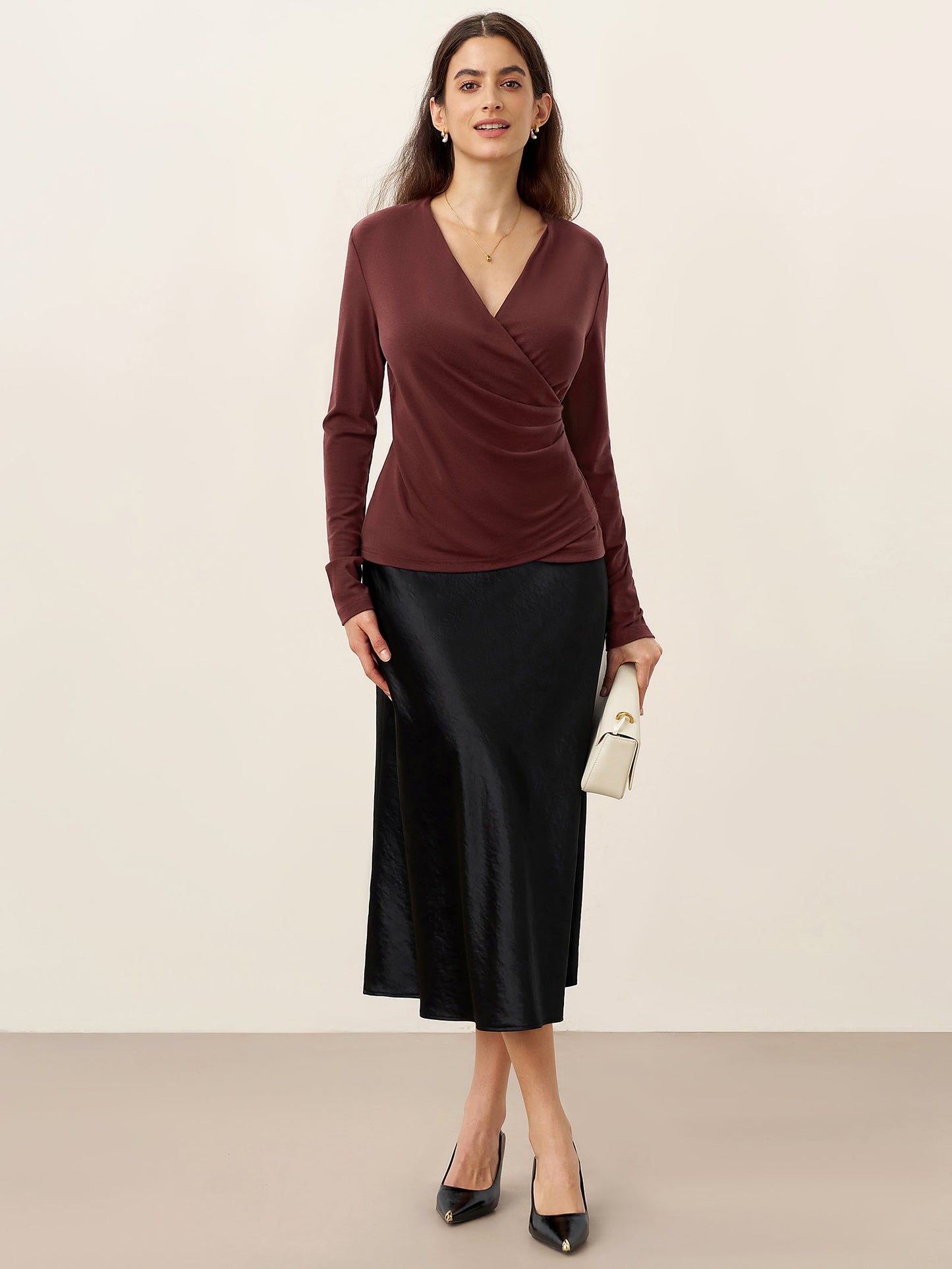Mila | Women’s Wool-Lyocell Ruched Overlap V-Neck Top