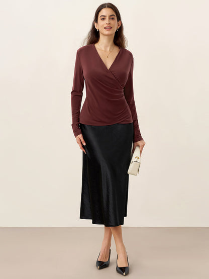 Mila | Women’s Wool-Lyocell Ruched Overlap V-Neck Top
