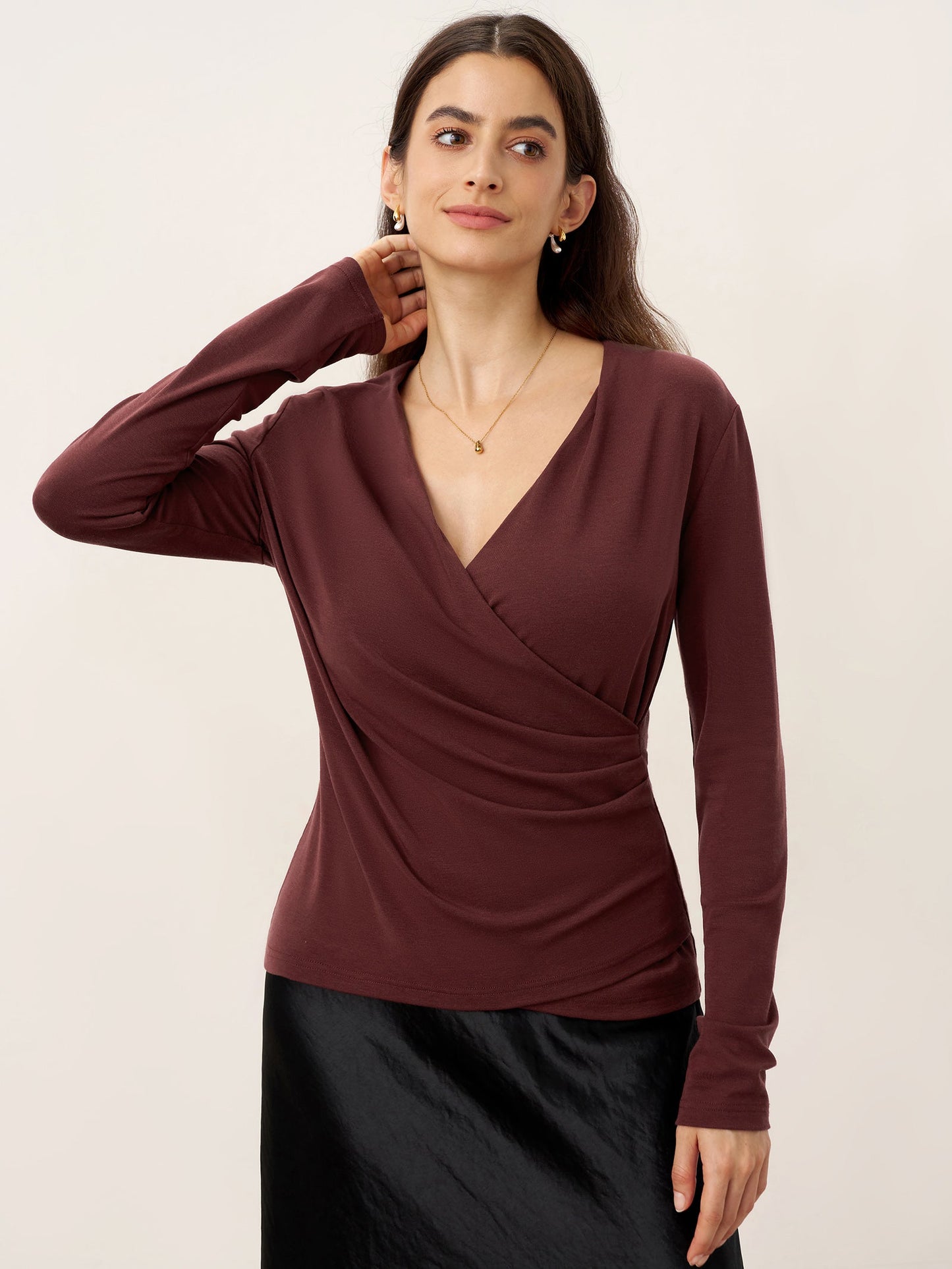 Mila | Women’s Wool-Lyocell Ruched Overlap V-Neck Top