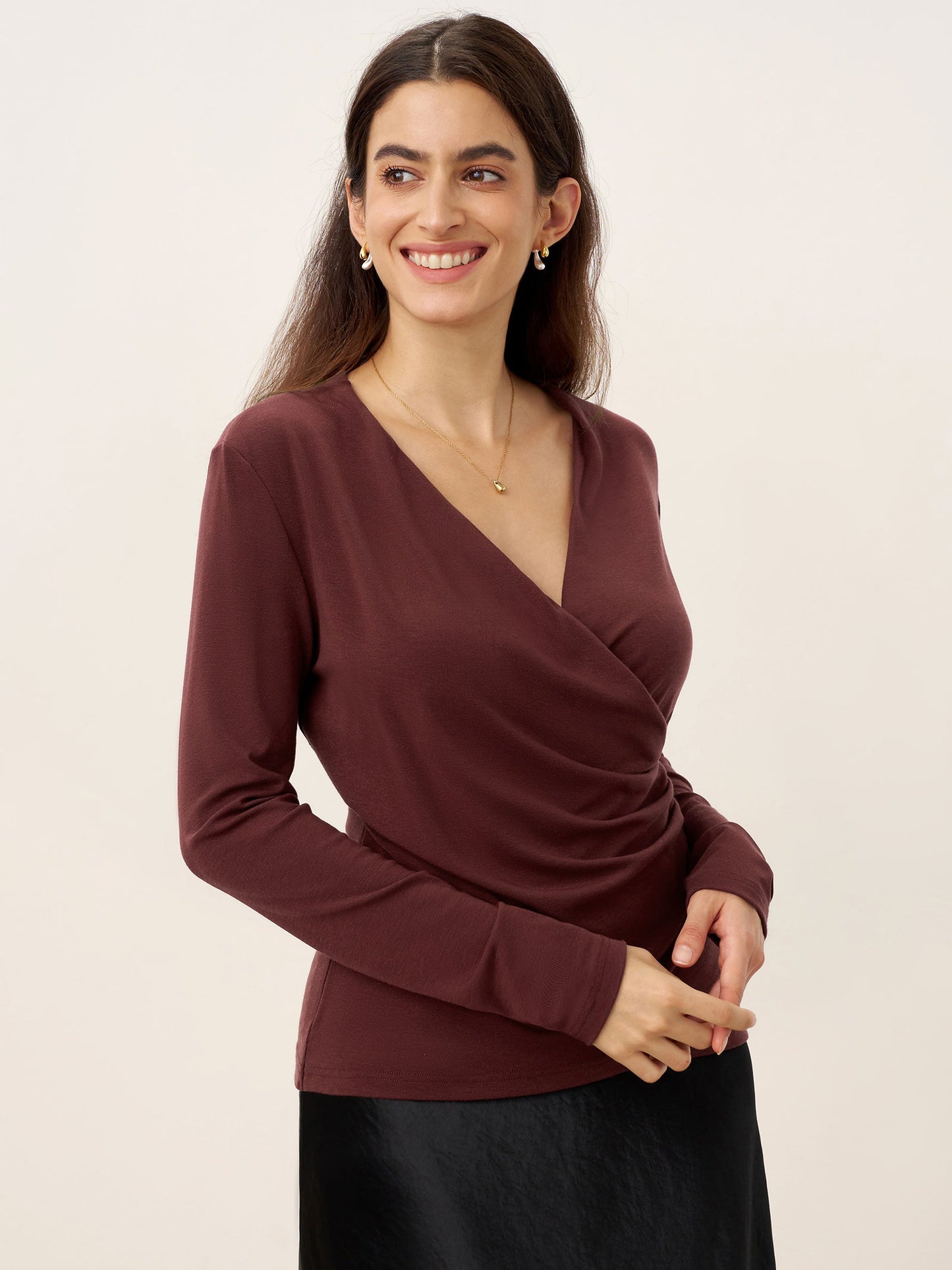 Mila | Women’s Wool-Lyocell Ruched Overlap V-Neck Top