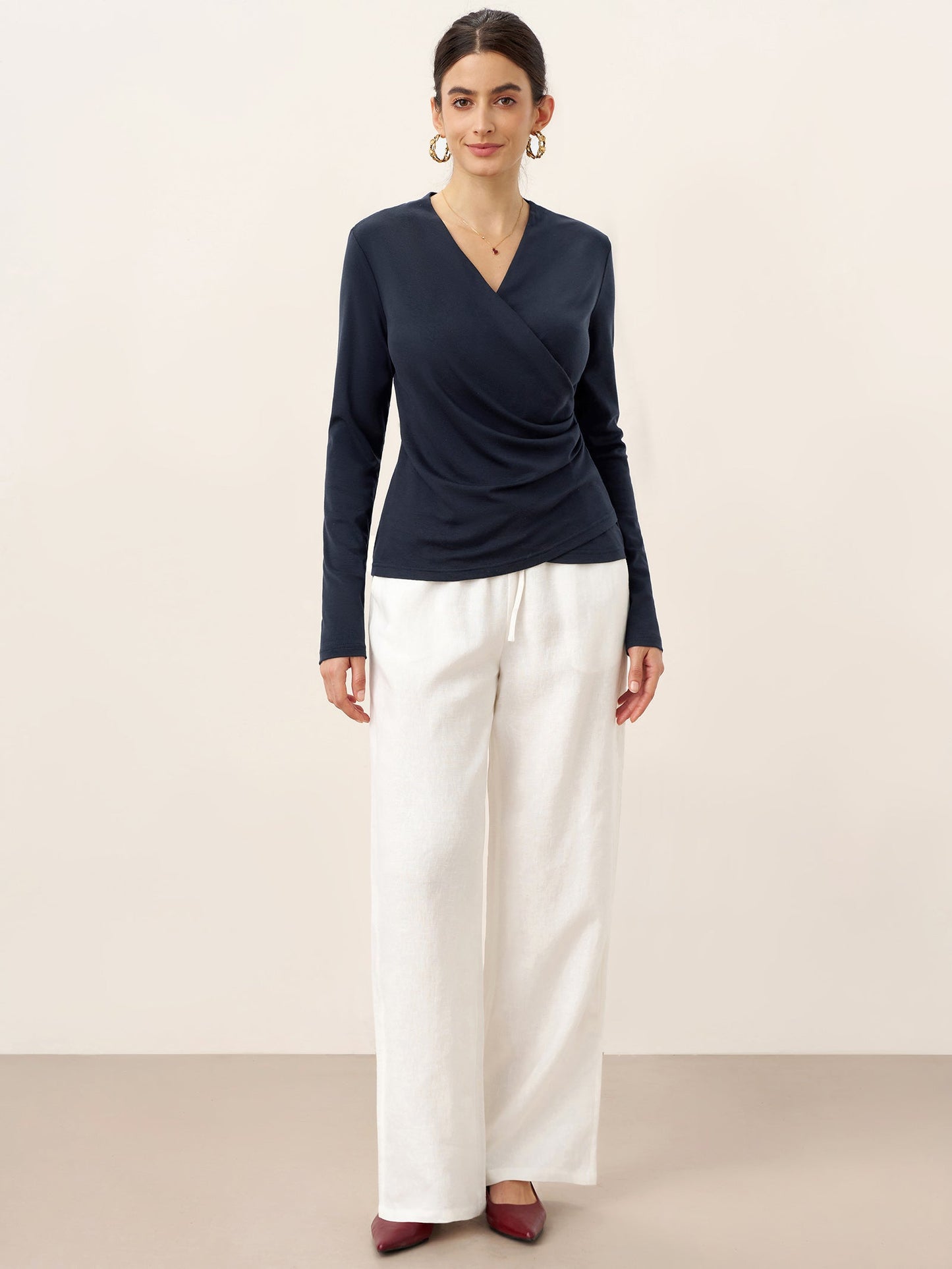 Mila | Women’s Wool-Lyocell Ruched Overlap V-Neck Top