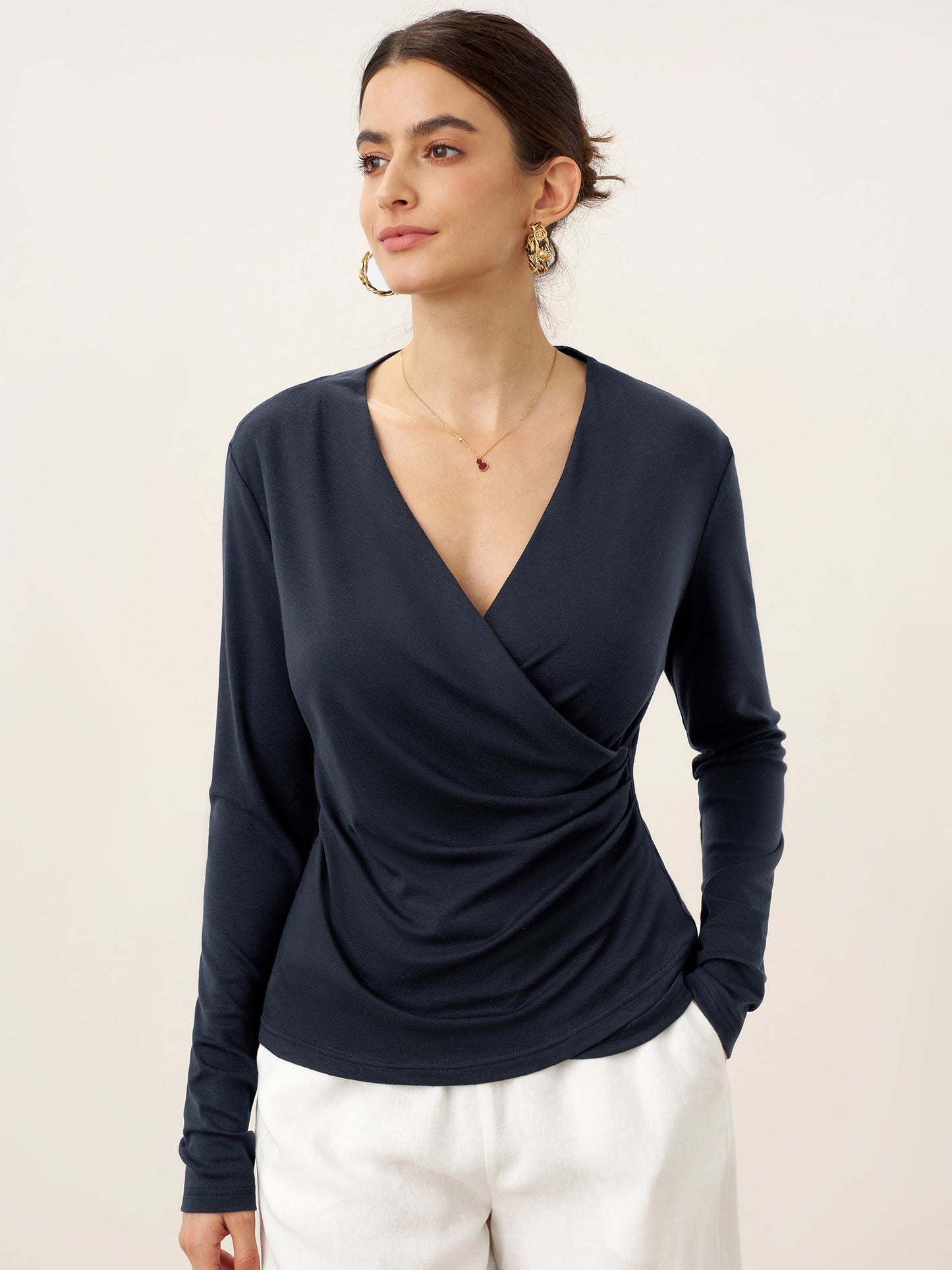Mila | Women’s Wool-Lyocell Ruched Overlap V-Neck Top