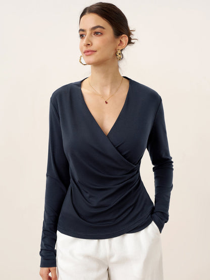 Mila | Women’s Wool-Lyocell Ruched Overlap V-Neck Top