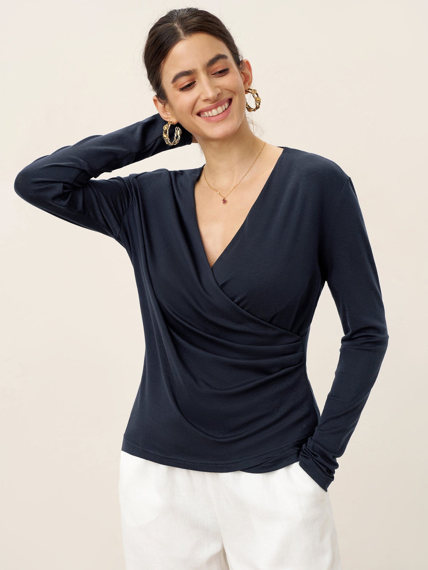 Mila | Women’s Wool-Lyocell Ruched Overlap V-Neck Top