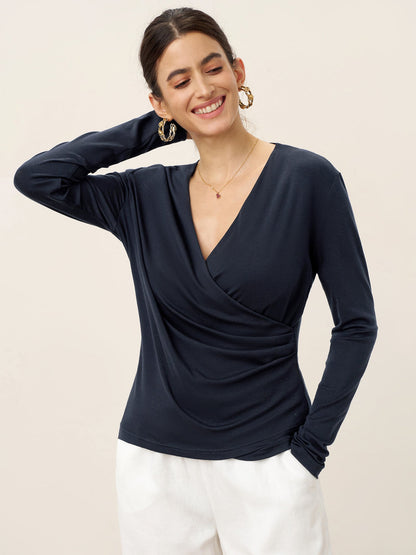 Mila | Women’s Wool-Lyocell Ruched Overlap V-Neck Top