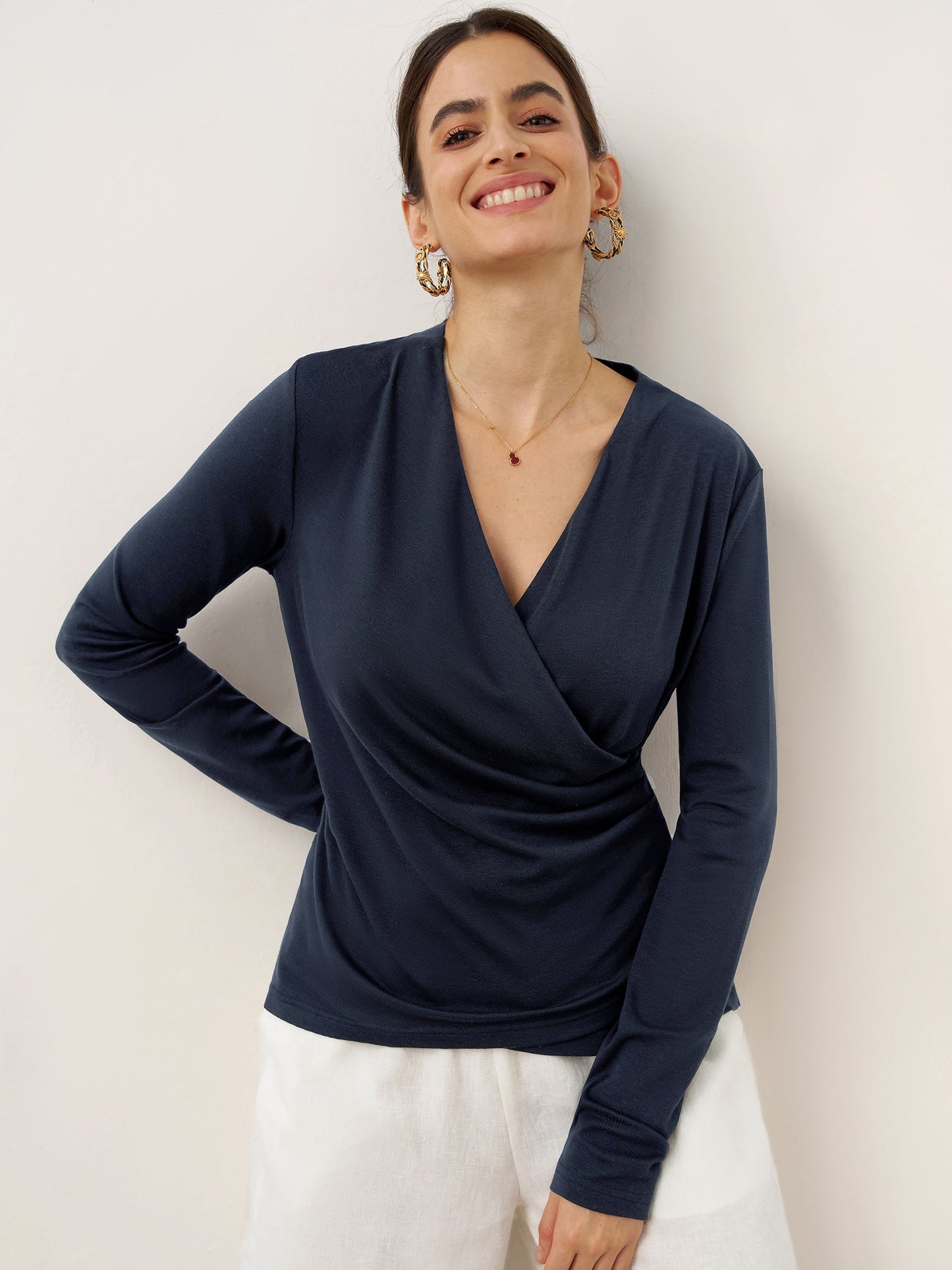 Mila | Women’s Wool-Lyocell Ruched Overlap V-Neck Top