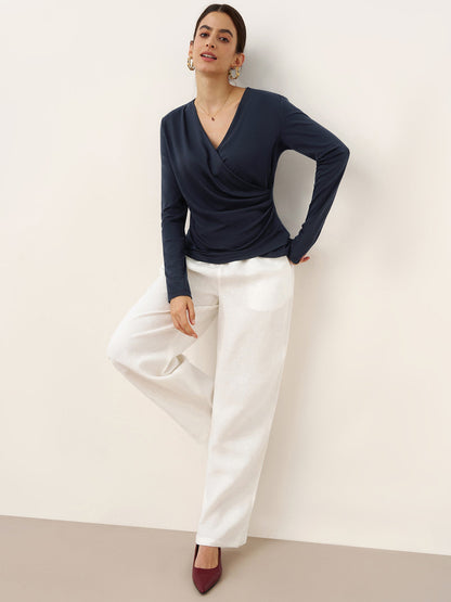 Mila | Women’s Wool-Lyocell Ruched Overlap V-Neck Top