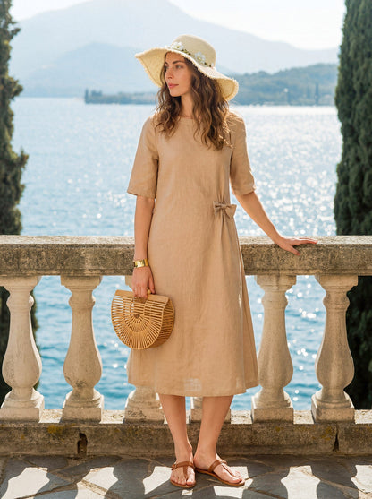 Maren | Women’s Linen Side-Gathered Bow Maxi Dress