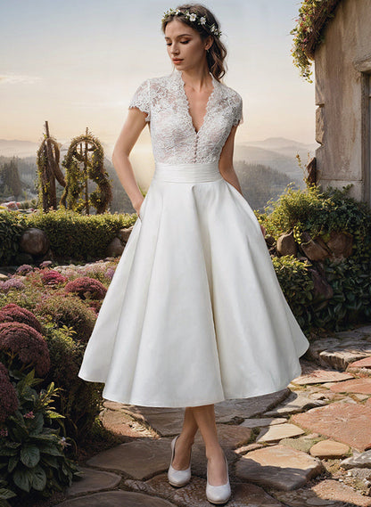 Genevieve | Women’s Lace V-Neck Midi Wedding Dress
