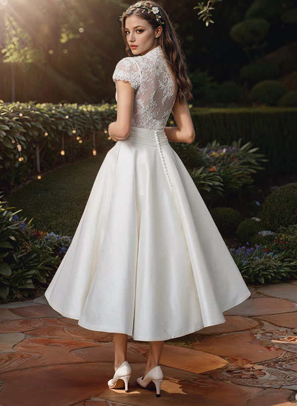 Genevieve | Women’s Lace V-Neck Midi Wedding Dress